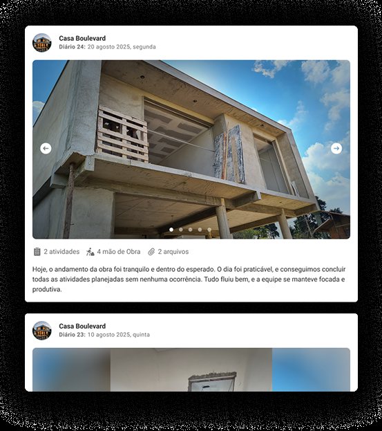 Feed do diário de obras com fotos e resumo do dia