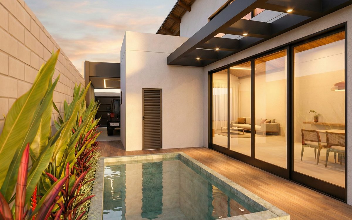 Residência B&M — render 3D da área de lazer com piscina, pergolado e sala integrada