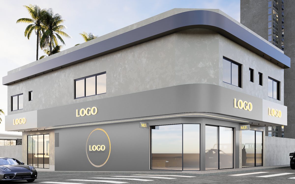 Empreendimento comercial MJ Arcos — render 3D do projeto com 3 lojas e sobrelojas